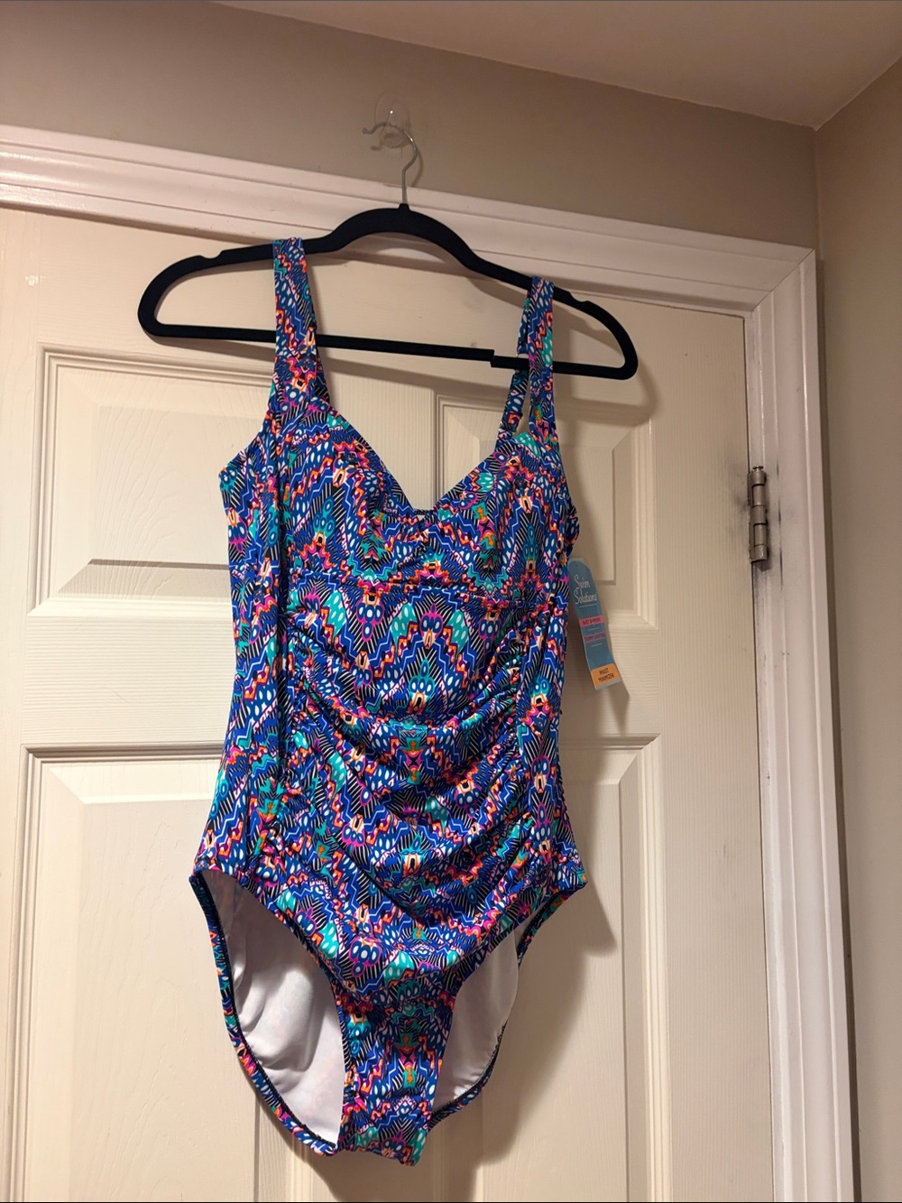 Swim Solutions Women's Geometric One-Piece Swimsuit - Blue, Teal, Pink 14